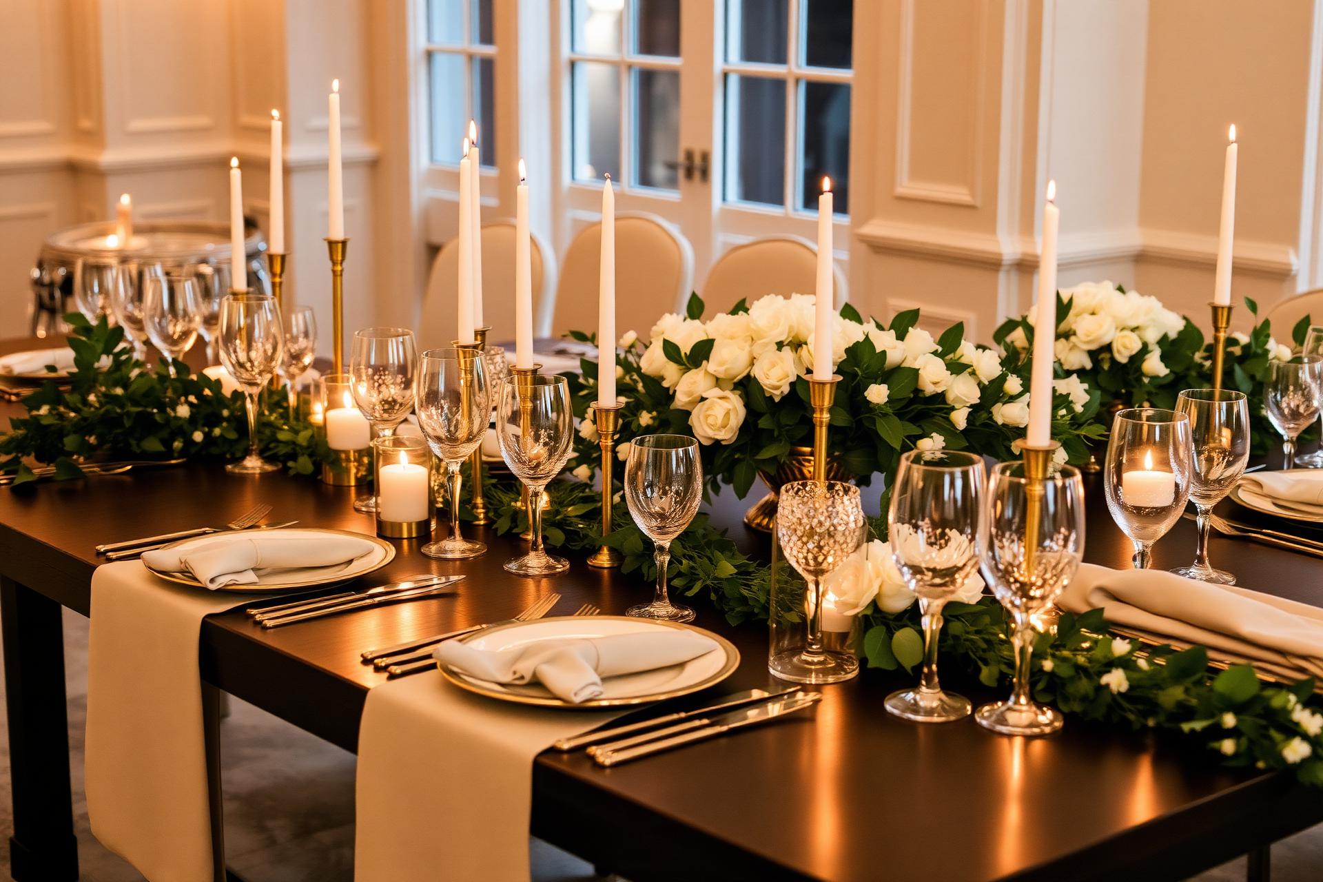Elegant banquet table with florals and champagne